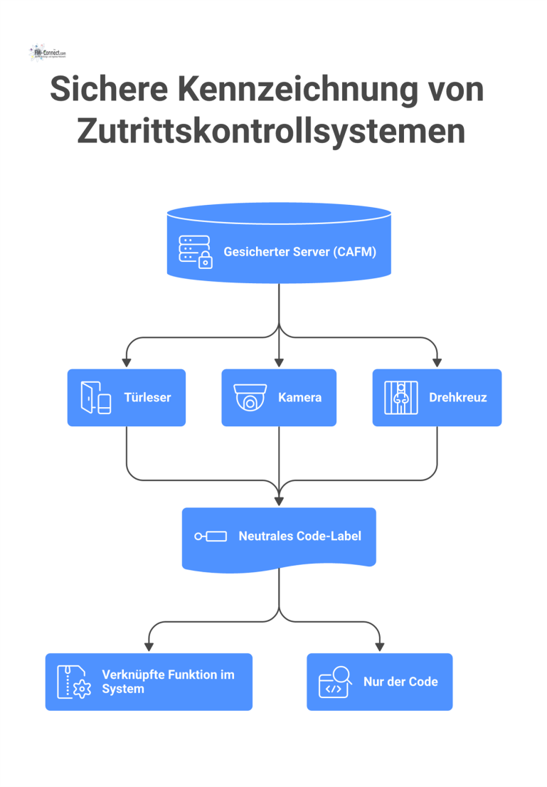 Sichere Kennzeichnung von Zutrittskontrollsystemen Infografik eines zentralen Servers, umgeben von Icons für Türleser, Kamera und Drehkreuz, die sicher mit neutralen Codes beschriftet sind.