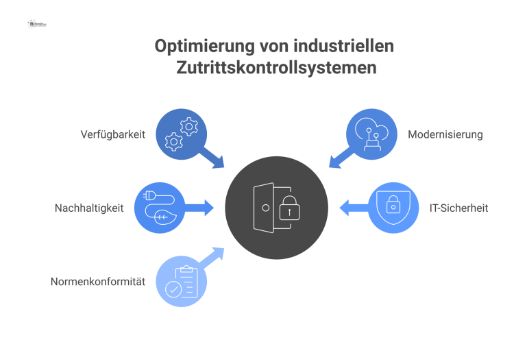 Diagramm zum KVP für Zutrittskontrolle, das fünf Hauptbereiche zeigt: Verfügbarkeit, Modernisierung, Nachhaltigkeit, IT-Sicherheit und Normenkonformität. 
